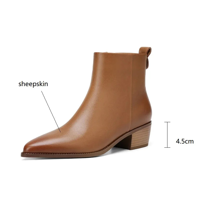 pantsparadises New Autumn/Winter Genuine Leather Women Shoes Pointed Toe Chunky Heel Boots for Women Fashion Short Boots Zapatos De Mujer