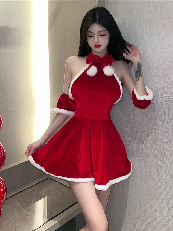 pantsparadises Sexy New Year Christmas Red Spicy Girl Plush Sex Mini Dress Girl Hot Sexy Korean Women Spice Girls Uniform New Top