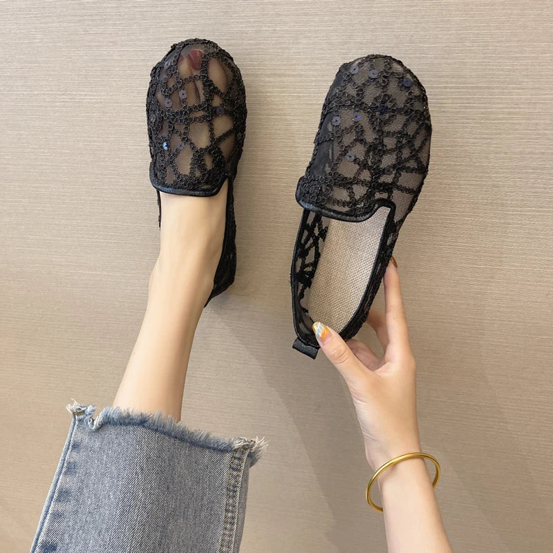 pantsparadises Hollow Lace Flat Shoes Women Summer Slip on Loafers Breathable Shoes Ladies Shoes Casual Fashion Black Sneakers