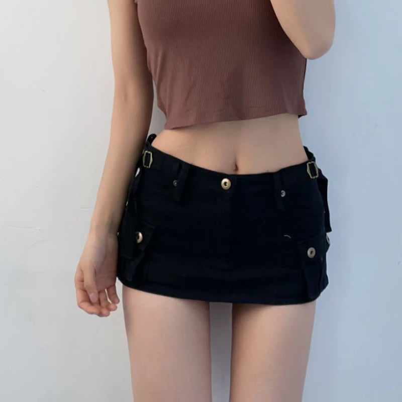 pantsparadises Denim Cargo Mini Skirt Women Korean Style Low Waist Slim Sexy Vintage Streetwear Green Jean Skirt Y2k Girl Summer