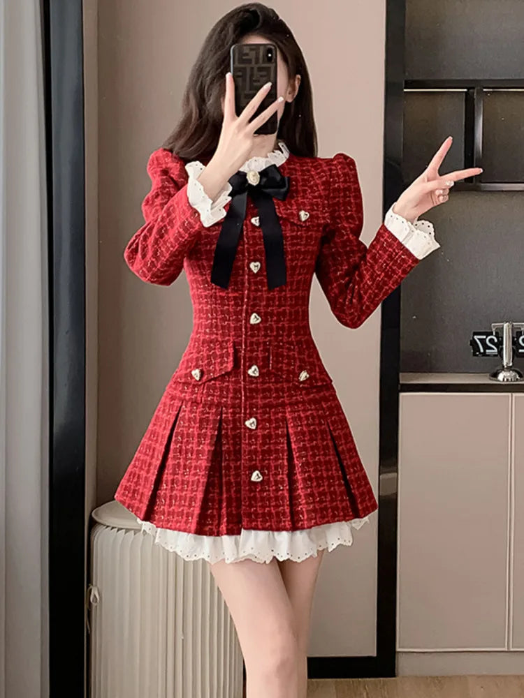 pantsparadises French Light Luxury Tweed Pleated Dress Korean Sweet Long Sleeve Heart-shaped Buckle Ruffle Chic Office Ladies Vintage Dresses