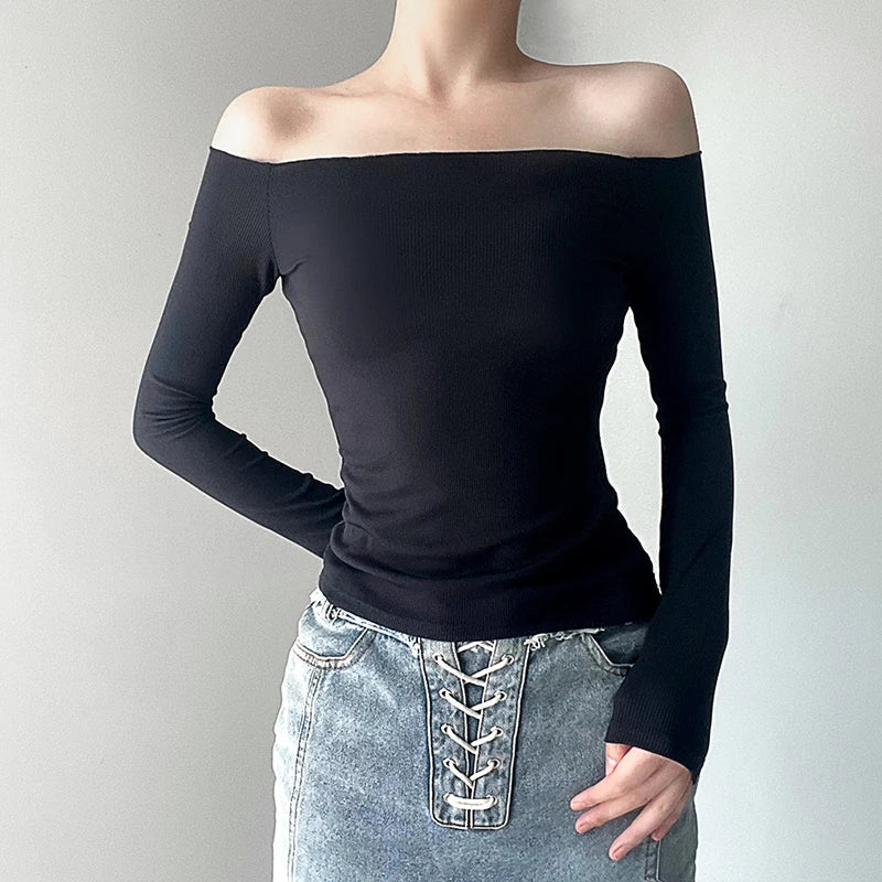 Basic Solid Slash Neck T Shirt Skinny Full Sleeve Casual Black Tees for Women Autumn Streetwear Y2k T-shirts Korean Style