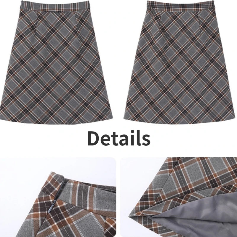 pantsparadises Grey Plaid Skirts Women Autumn High Waist French Temper College A-line Skirt Faddish Simple Retro Designer Knee-length Faldas