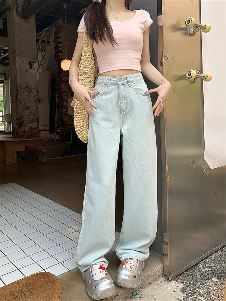 pantsparadises Women's Pink Bow Embroidered Light Blue Jeans Young Girl Street Straight Bottoms Vintage Casual Trousers Female Wide Leg Pants