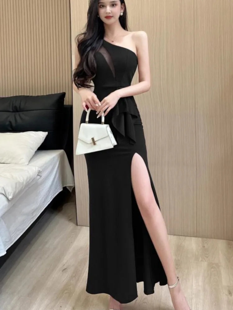 pantsparadises Women Sexy Backless Slim Split Long Dress Summer Fashion Elegant Sleeveless Off Shoulder Elegant Club Party Mesh Dresses