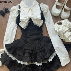 pantsparadises Y2k Aesthetic Lolita Style 3 Piece Set Women Kawaii White Shirt Bow Lace Vest Ruffle Mini Skirts Japan Fashion Gothic Skirt Suit