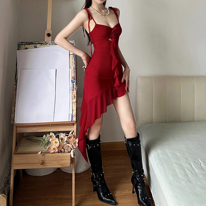 pantsparadises DRESS TO IMPRESS New Retro Summer Sexy Spicy Girl Thai Dress Fashion Irregular Niche Design Women Group Ruffled Edge Red Ribbon Mini Dresses