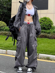 pantsparadises Y2K Parachute Black Pants Women Hippie Streetwear Oversize Pockets Cargo Trousers Harajuku Wide Leg Baggy Sweatpants