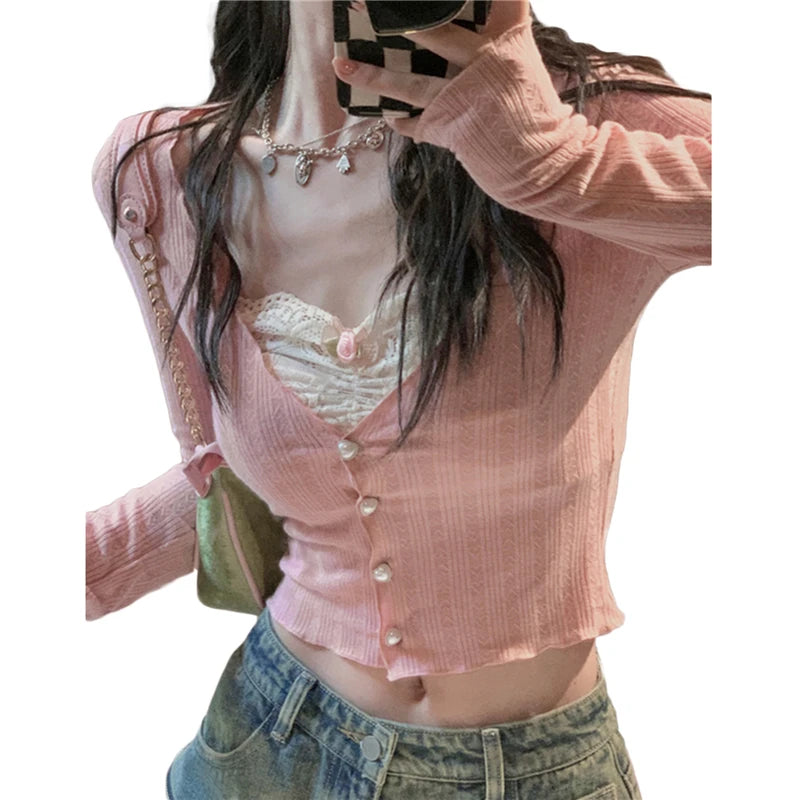 pantsparadises Korean Fashion Crop Top y2k Aesthetic Sweet Lace Patchwork Long Sleeve T Shirt with Bow 2000s Women Clothes Streetwear