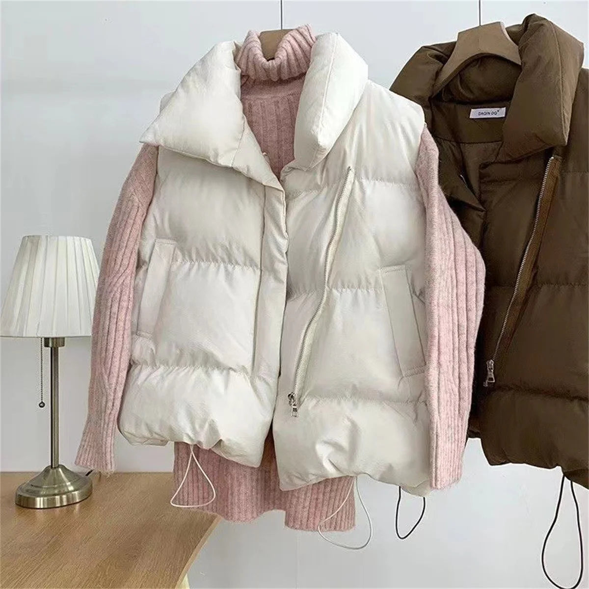 pantsparadises cold weather outfits Women Fashion Autumn New Stand Collar Elegant Down Coats Warm Outerwear Casual Belt Sleeveless Winter Women Vests Jackets