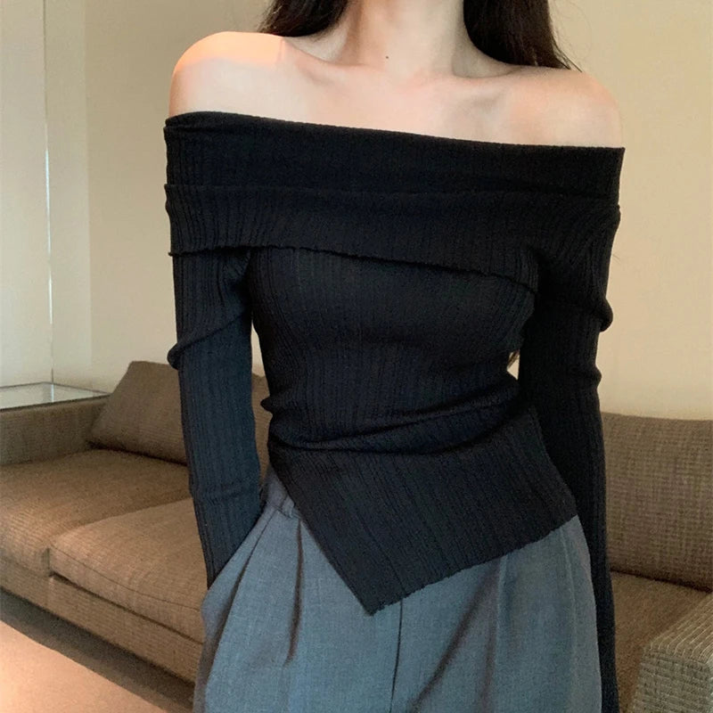 pantsparadises Y2K Korean Women Pullover Sweet Knitted Slim Off Shoulder Long Sleeve Female Sweater Autumn New Irregulate Ladies Casual Jumpers