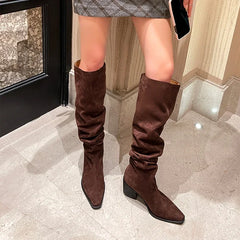 pantsparadises Designer Vintage Women Knee High Boots Fashion Slip On Long Booties Autumn Winter Thick Heels Ladies Shoes