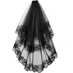 pantsparadises 2 Tier Black White Flower Lace Edge Bridal Veils with Comb Elegant Vintage Wedding Cosplay Performance Hair Accessories