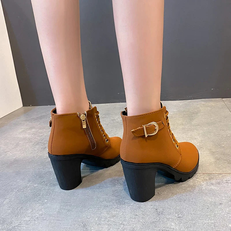 pantsparadises Boots Women Shoes Women Fashion High Heel Lace Up Ankle Boots Ladies Buckle Platform Artificial Leather Shoes bota feminina