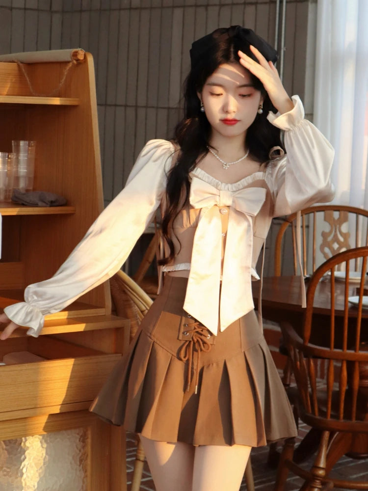 pantsparadises DRESS TO IMPRESS Korean Style Fairy Two Piece Set Women France Vintage Blouse + Bandage Mini Skirt Female Sweet Elegant Party Mini Skirt Set