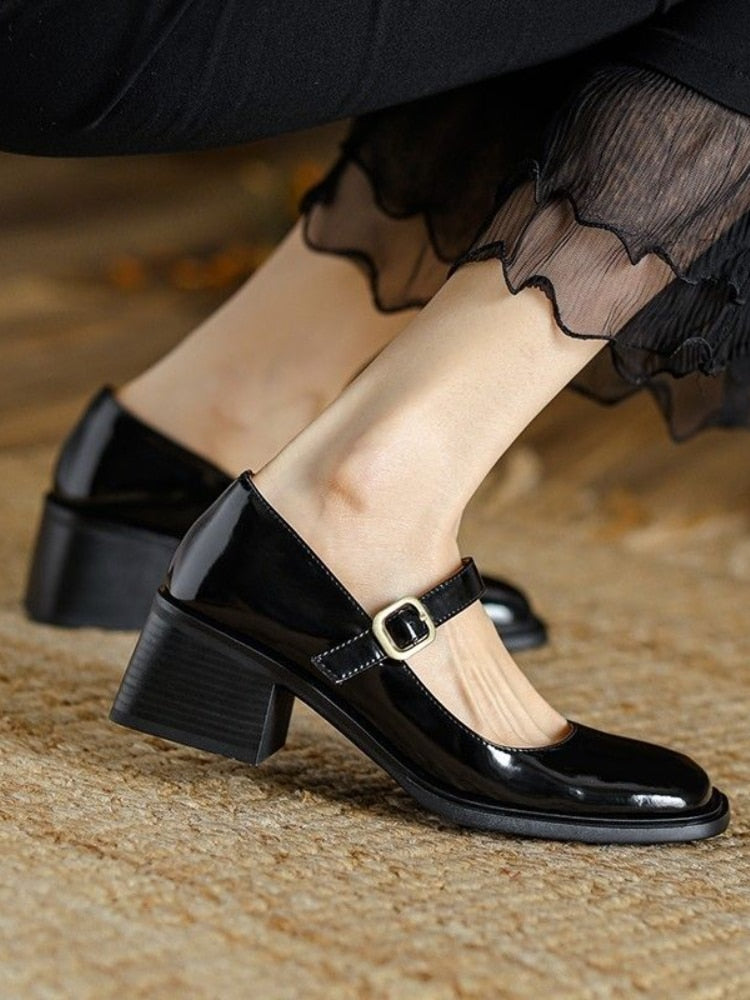 pantsparadises Autumn Solid Medium Heels Sandals Office Ladies Buckle Casual Korean Style Pumps Non Slip Soft Elegant Shoes Woman Vintage