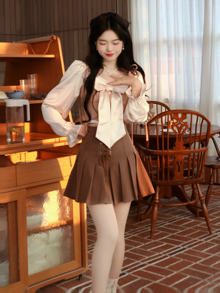 pantsparadises DRESS TO IMPRESS Korean Style Fairy Two Piece Set Women France Vintage Blouse + Bandage Mini Skirt Female Sweet Elegant Party Mini Skirt Set