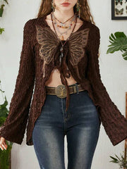 pantsparadises Lace Butterfly Patchwork Cardigan Top for Women Y2K Aesthetics Brown Bandage Long Sleeve T Shirts Grunge Fairycore