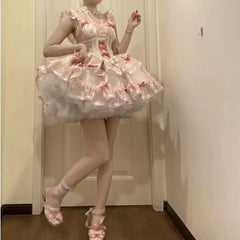 pantsparadises Sweet Lolita Princess Dress Women Sweet Bow Ruffles Evening Party Mini Dress Japanese Harajuku Retro Kawaii Y2k Vestidos