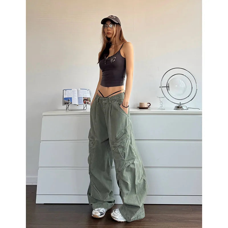 pantsparadises NEW Green Jeans for Women High Quality High Waist American Wide Leg Pants Solid Y2K Vintage Straight Summer Trousers