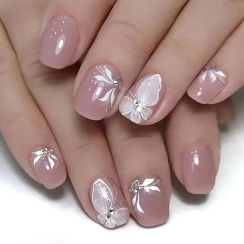 24PCS/Set Press On Nails Wearable Fake Nails Pink Gradient Glitter Butterfly Rhinestones False Nail Full Cover Acrylic Nail Tips