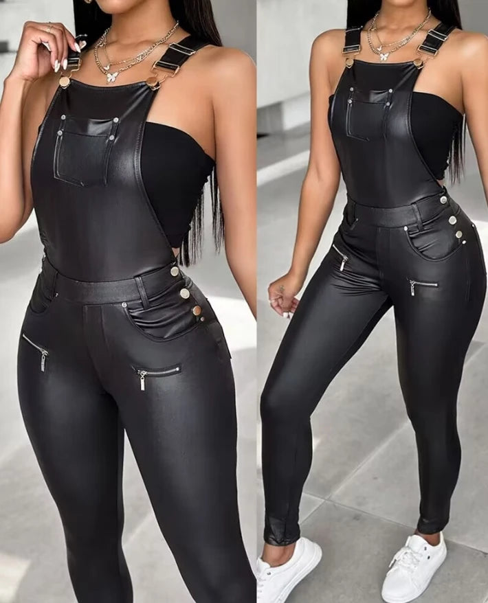 pantsparadises Cool Stylish High-End Buckle Zipper Design Solid Color Jumpsuit Pants Slim Fit High Waisted Tight Fitting Ankle Strap Overalls