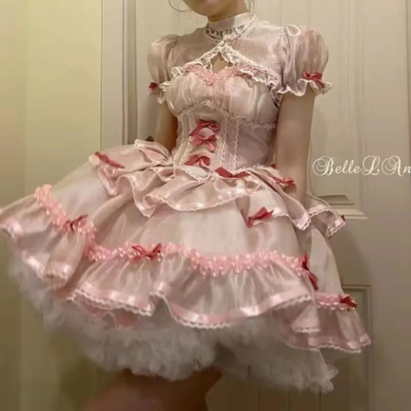 pantsparadises Sweet Lolita Princess Dress Women Sweet Bow Ruffles Evening Party Mini Dress Japanese Harajuku Retro Kawaii Y2k Vestidos