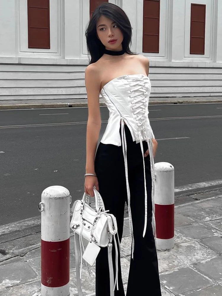 pantsparadises Streetwear Lace -up Bandage Corset Bodycone Off Shoulder Chic Aesthetic Y2K Crop Top Women Korean Summer Bustiers Camis