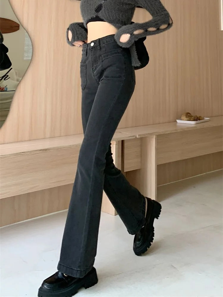 pantsparadises Black Gray High-waisted Flared Jeans Women's Retro Straight Elastic Slim Slim Wide-leg Flared Pants Female Trousers