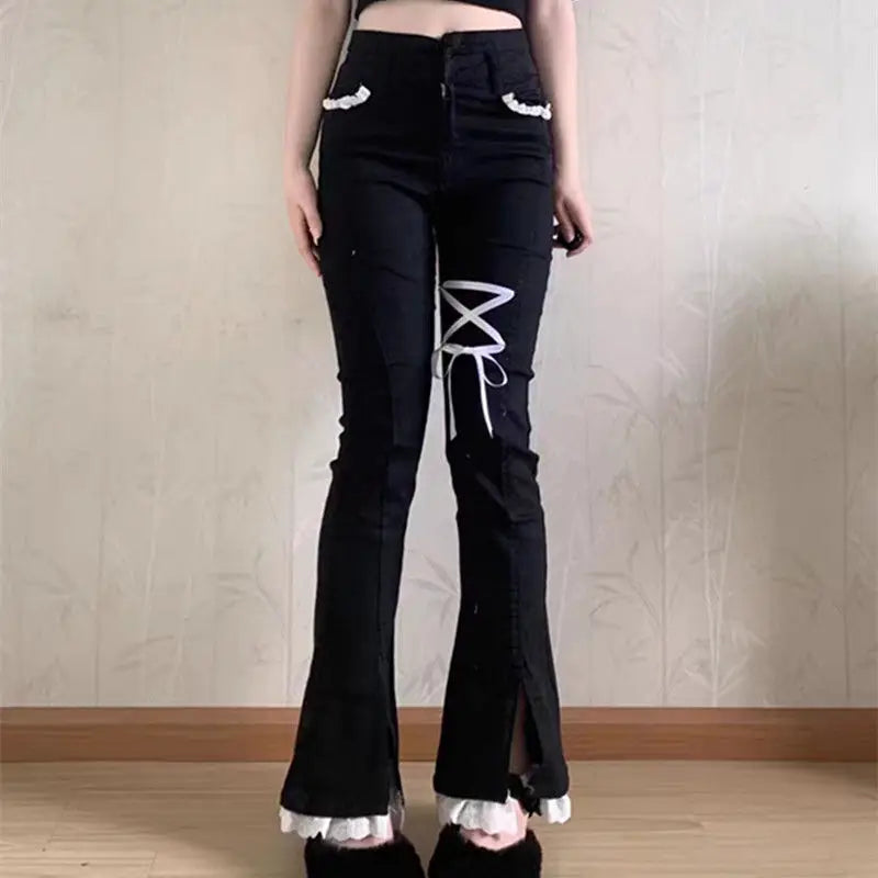 pantsparadises Sweet Spice Girl Little Lace Strap Jeans Spring Summer New Ins Slim Elastic Split Horn Wide-leg Denim Pantalones High Waist Pant