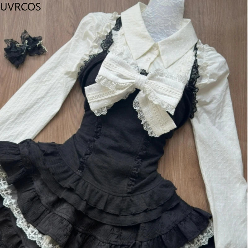 pantsparadises Y2k Aesthetic Lolita Style 3 Piece Set Women Kawaii White Shirt Bow Lace Vest Ruffle Mini Skirts Japan Fashion Gothic Skirt Suit