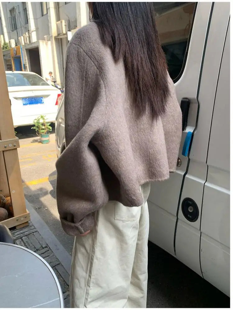 pantsparadises Short Woolen Jackets Autumn/Winter Korean-Style Metal Single Breasted Round Neck Loose Rabbit Hair Women Wool Coats