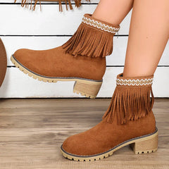 pantsparadises Womens Fashion Embroidered Ankle Boots Comfort Thick Wedge Heel Zipper Tassel Faux Suede Short Boots Cowboy Cowgirl Shoes 2024