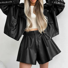 pantsparadises Black Leather Shorts Women Autumn Winter Pleated High Waist Sexy Pu Shorts Casual Wide Leg Shorts Female Office Ladies