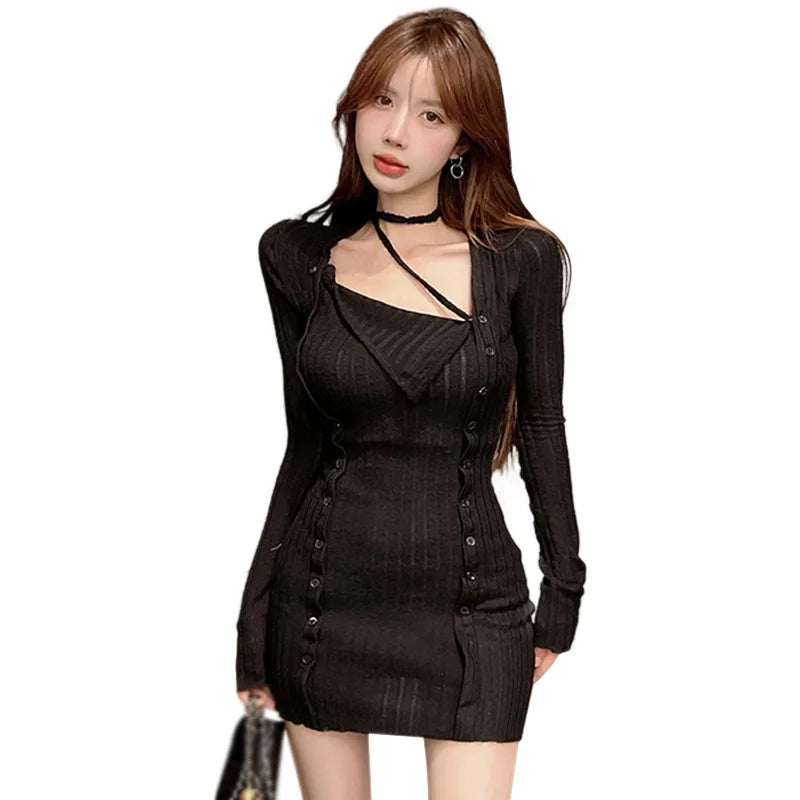 pantsparadises FALL OUTFITS Women Long Sleeve Tight Dress Split Short Slim Fit Dress Lady Autumn Hanging Neck Dress Sexy Party Halter Elastic Bodycon Dress