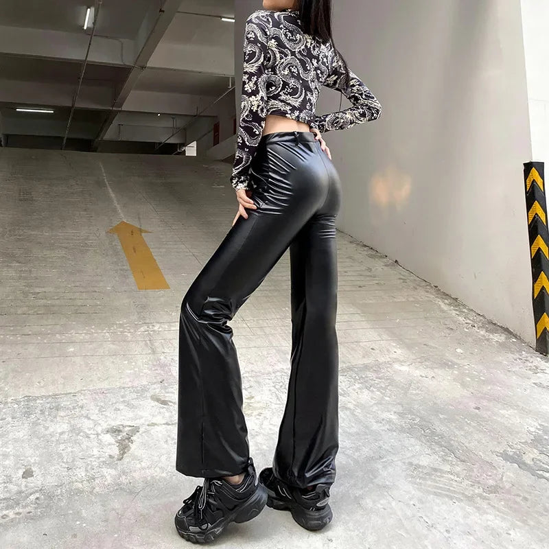 pantsparadises leather pants outfits winter Women's Y2K Slim Fit Solid Flare Pu Leather Long Pants Button High Waist Elastic Trousers with Pockets Party Clubwear