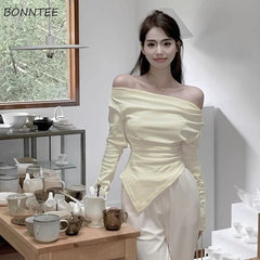 pantsparadises FALL OUTFITS Slash-neck T-shirt Women Based Long-sleeves Asymmetrical Off Shoulder Hot Slim Solid Simple Ladies Korean-style Elegant Trendy