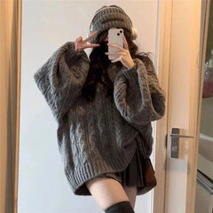 pantsparadises Autumn Winter Women Sweater Harajuku Oversized Knitted Pullovers Korean Long Sleeve V Neck Knitwear Preppy Solid Loose Jumper