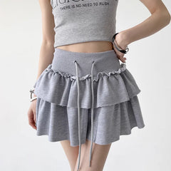 pantsparadises Korean Retro Solid Color All Match Cake Skirt Women Summer New High Waist Lace-up Sexy Slim Pleated A-line Skirt