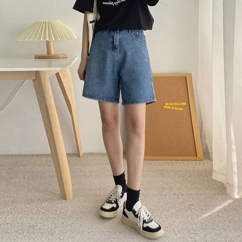 pantsparadises 2024 Classic Denim Shorts Women Summer Blue High Waisted Shorts Casual Wide Leg Pants Stright Jeans Womens Shorts