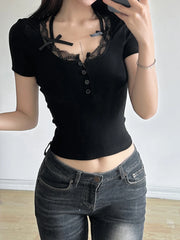 Neck Lace Trim Bow Cute Black Y2K T-Shirt Women Button Up Slim Short Sleeve White Tees Sweet Balletcore Clothing