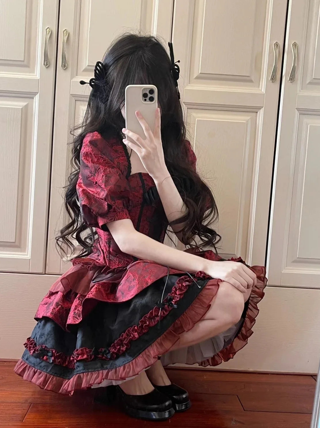 pantsparadises DRESS TO IMPRESS Women's Victorian Gothic Lolita Lace Bow Slim Bandage Princess Dress, Japanese Harajuku Punk Style, Evening Party Red Dresses