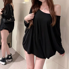 pantsparadises Solid Oversized T-shirt for Women's Casual Loose Top Fashion Bat Sleeves Simple Sexy Off Shoulder Korean Baggy T shirts Autumn