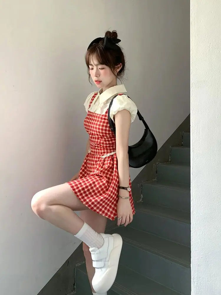 pantsparadises Y2k Coquette Kawaii Cute Plaid Shirt Dress Women Preppy Style Sweet Girls Short Party Dresses 2024 Summer Fashion