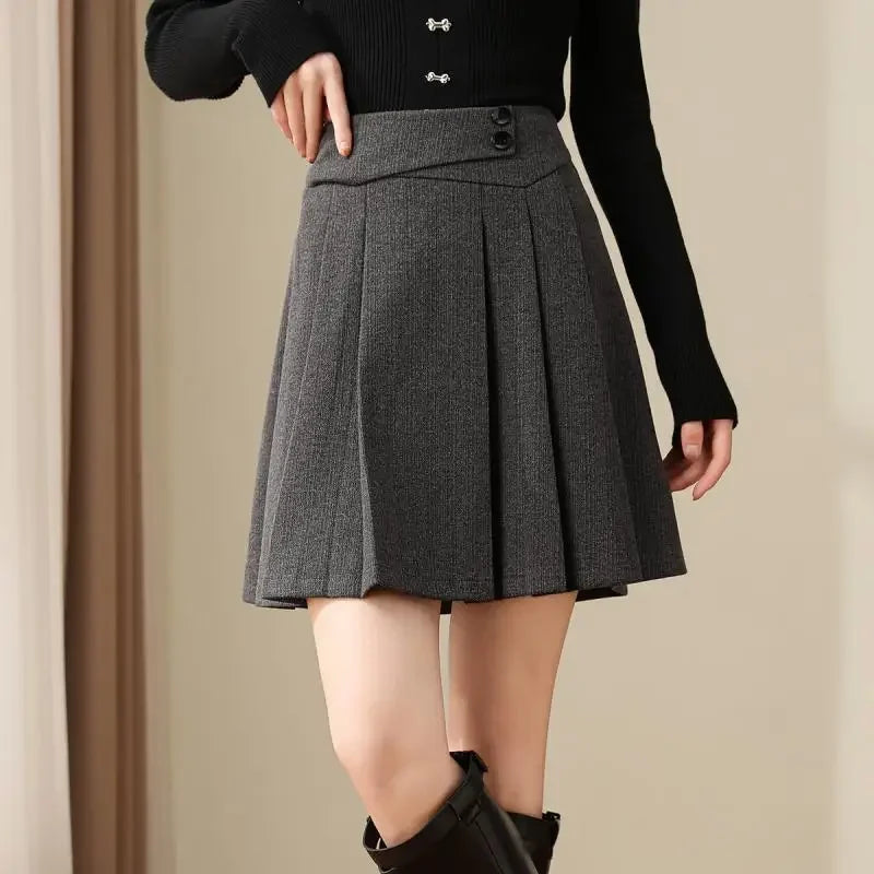 pantsparadises Preppy Style Pleated Wool Skirt Women Elegant Grey Sweet Mini Skirts Vintage Solid A-line Casual Autumn Short Skirts