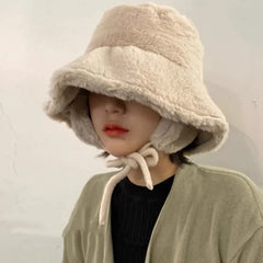 pantsparadises Korean New Ear Protection Bucket Hats for Women Autumn and Winter Travel Versatile Warm Retro Solid Color Plush Men's Caps