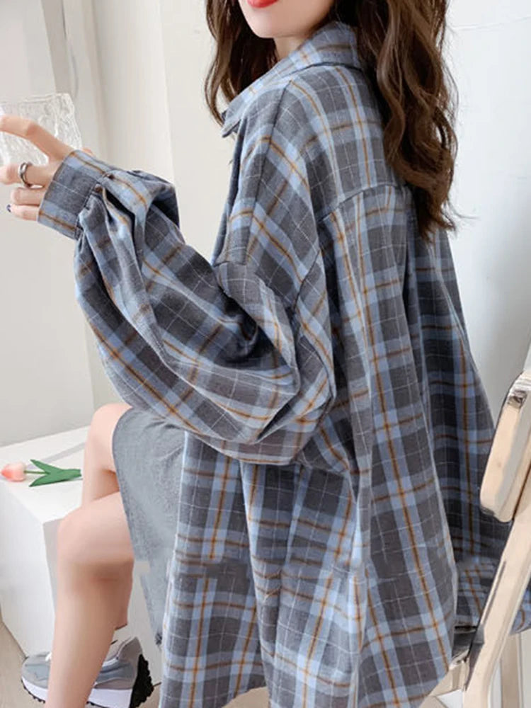 pantsparadises Fashion Plaid Women Shirt Fashion Korean Oversize Tops Harajuku Daily All-match Long Sleeve Chic Female Yellow Shirts New