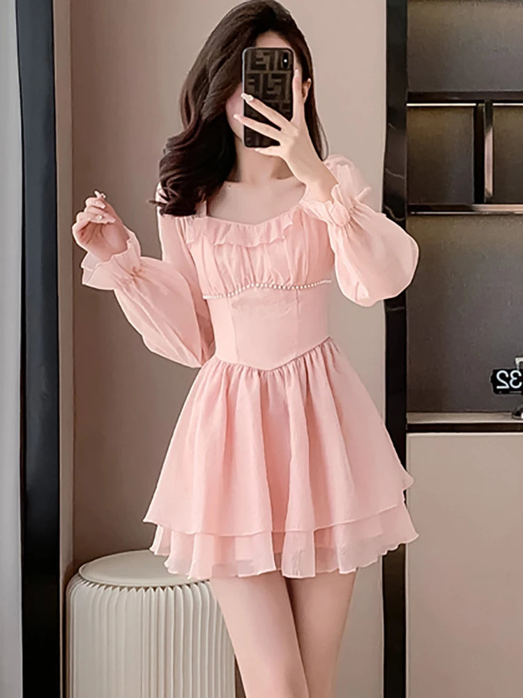 pantsparadises Women Pink Patchwork Chiffon Chic Ruffled Short Dress Spring Elegant Diamonds Kawaii Dress 2024 Korean Fashion Bodycon Vestidos