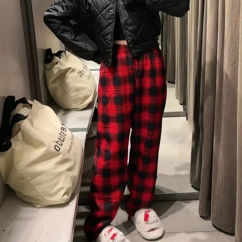 pantsparadises warm winter outfits Padded Thickened Wide Leg Pants Winter LambswoolPlaid Pants Female High Waist Casual Straight Pants