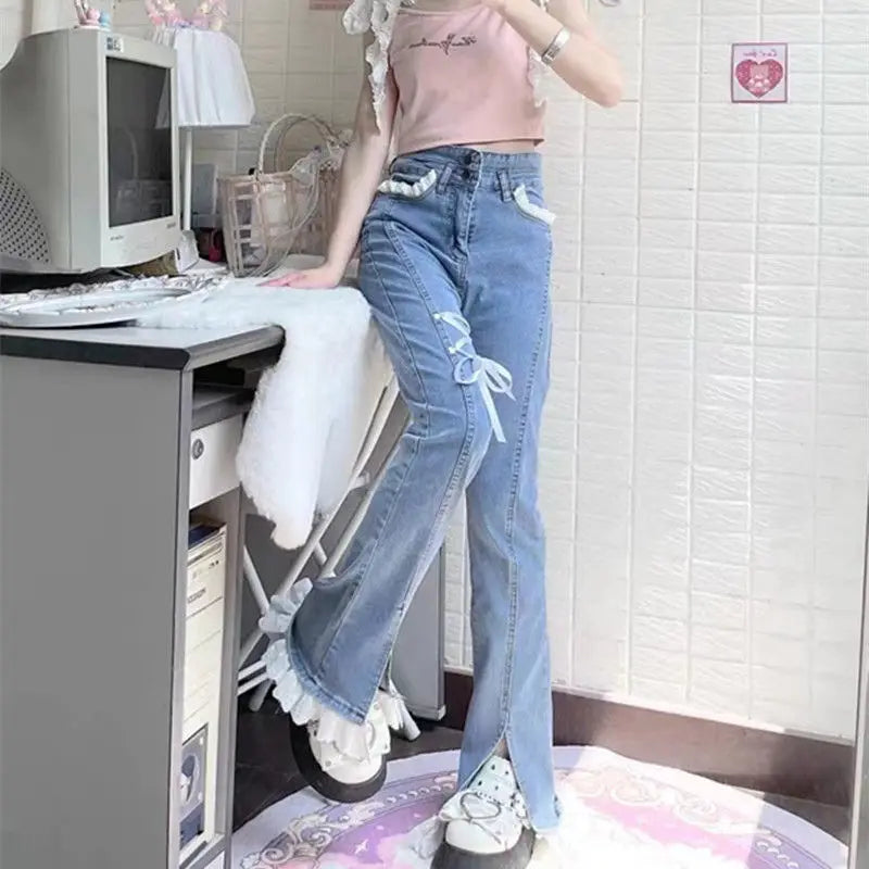 pantsparadises Sweet Spice Girl Little Lace Strap Jeans Spring Summer New Ins Slim Elastic Split Horn Wide-leg Denim Pantalones High Waist Pant